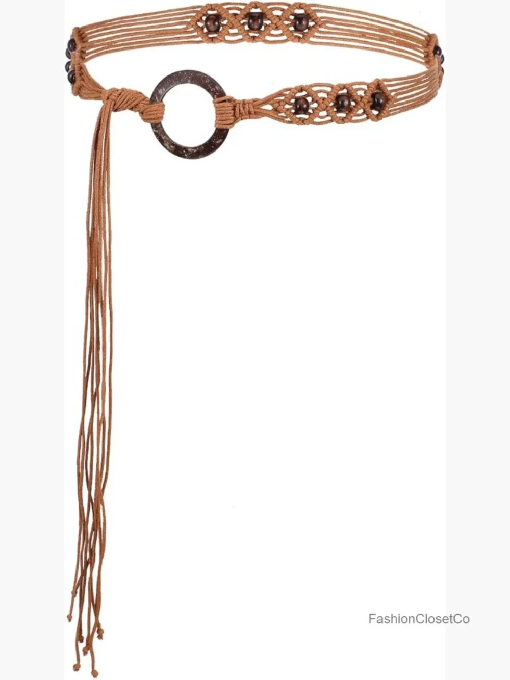 Boho Woven Rope Waist Belt with Wooden Beads and Tassels